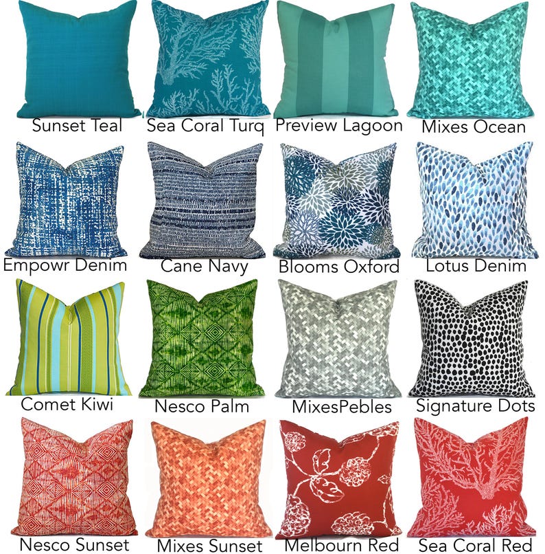 May include: A collection of sixteen square throw pillows featuring various patterns and colors, including teal, blue, green, orange, and red. Each pillow is labeled with names like Sunset Teal, Sea Coral Turq, Preview Lagoon, Mixes Ocean, Empowr Denim, Cane Navy, Blooms Oxford, Lotus Denim, Comet Kiwi, Nesco Palm, MixesPebbles, Signature Dots, Nesco Sunset, Mixes Sunset, Melbourn Red, and Sea Coral Red.