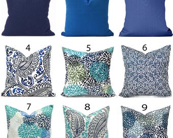 Outdoor Throw Pillow Cover, Washable Designer Fabric With Zipper, Shades of Blue