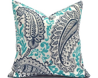 Outdoor Pillow Covers with Zippers, Affordable Home Decor, Easy to Use, Quick Delivery, Turquoise and Navy Blue Paisley Shannon Ocean