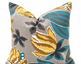 Linen Floral Pillow Cover, Bold Mustard Yellow and Teal Botanical Print, Bright Floral