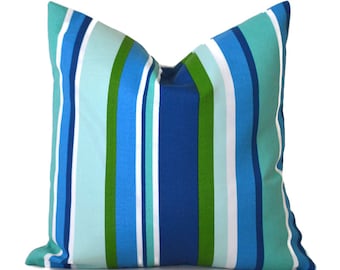 CLEARANCE 12"x12" Outdoor Pillow Covers Decorative Home Decor Stripes Blue Designer Throw Piper Malibu