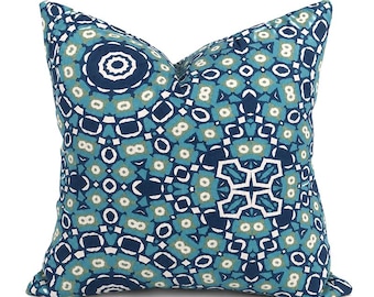 Outdoor Pillow Cover with Zippers, Easy to Use & Washable, Navy Blue and Turquoise Rosetta Neptune