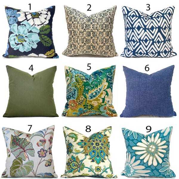 Indoor Pillow Cover with Zippers, Shades of Blue and Green, Pick Your Favorites
