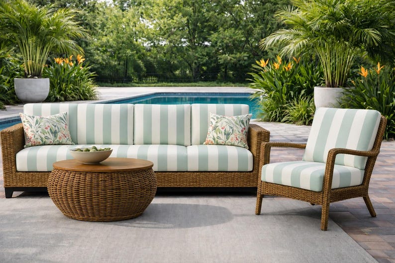 May include: An outdoor furniture set consisting of a three-cushion sofa and a matching armchair with woven brown frames and light blue and white striped cushions. A round, woven brown coffee table sits in front of the sofa.