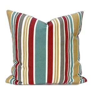 Indoor Pillow Covers with Zipper, Washable, Quick Ship, Turquoise, Red & Yellow Stripe Mod Layout Poppy