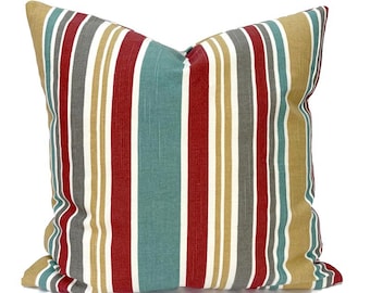 Indoor Pillow Covers with Zipper, Washable, Quick Ship, Turquoise, Red & Yellow Stripe Mod Layout Poppy