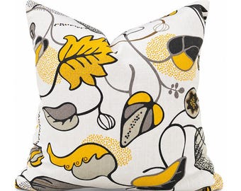 Yellow and Gray Floral Pillow Cover, Modern Abstract Botanical Print, Magnus Citrine