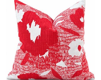 Deep Coral Linen Pillow Cover, Bold Abstract Floral Print, Cary Poppy