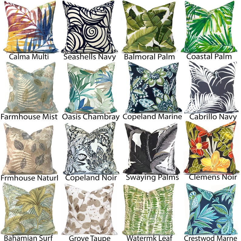 May include: A collection of sixteen square throw pillows featuring various botanical, tropical, and abstract patterns. Designs include palm leaves, ferns, floral motifs, and geometric swirls in color palettes of navy, green, beige, black, and multi-color.