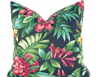 Outdoor Pillow Cover with Zippers, Easy to Use & Washable, Green, Coral and Black Panama Midnight