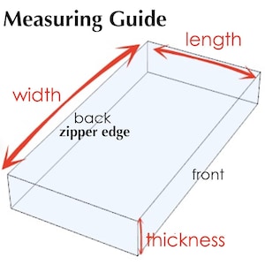 May include: A diagram titled Measuring Guide showing a rectangular prism with red arrows indicating dimensions labeled width, length, and thickness. The text back zipper edge is positioned near the top left side, and front is near the bottom right.