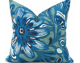 Blue Linen Pillow Cover, Bold Floral Print in Cobalt and Teal, Babungo Aegean