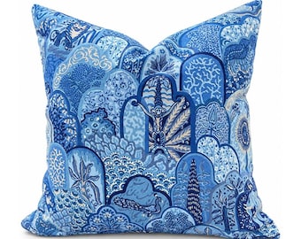 Blue Botanical Pillow Cover, Floral Garden Print in Cobalt and Navy, View Azure