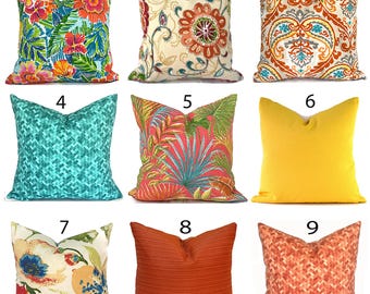 Outdoor Pillow Covers with Zippers, Washable, Quick Ship, Orange Turquoise, You Pick