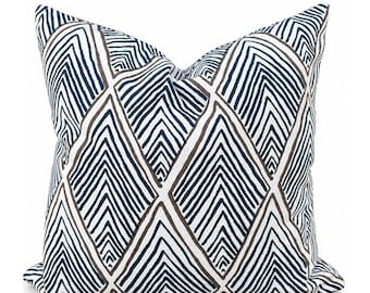 Navy Blue Geometric Pillow Cover, Diamond Pattern with Brown Accents, Rhombi Navy