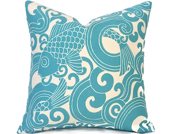 Outdoor Pillow Covers with Zippers, Easy to Use, Affordable Style, Swift Delivery!  Turquoise Blue Koi Fish Waveform Caribbean