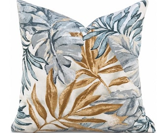 Gray Tropical Pillow Cover, Oversized Palm Leaves in Gold and Slate Linen, Monsoon Leaf