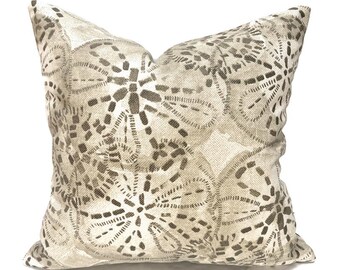 Natural Indoor Throw Pillow Cover, Washable Designer Fabric With Matching Zippers, Tan Sand Dollar