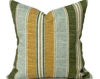 Outdoor Pillow Cover with Zipper, Washable, Quick Ship, Green & Gold Travota Stripe Mist