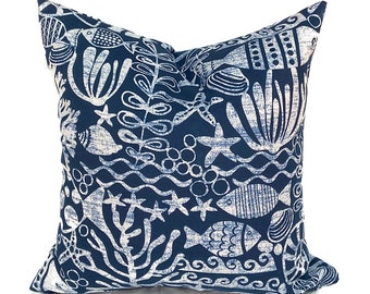 Outdoor Pillow Covers with Zippers, Affordable Home Decor, Easy to Use, Quick Delivery, Navy Blue Sea Life, Seagate Marine