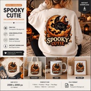 Peut inclure: Un design numérique à télécharger représentant un chat noir avec un chapeau de sorcière dans une citrouille sculptée, avec le texte Spooky Cutie. Le motif est présenté sur un sweat, un t-shirt, un tote bag, un mug et un cadre mural.