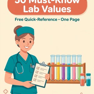 May include: A digital illustration titled 50 Must-Know Lab Values Free Quick-Reference One Page featuring a medical professional in teal scrubs holding a clipboard. Beside them is a wooden rack with six colorful test tubes and two vials.