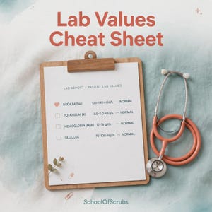 May include: A wooden clipboard holding a white paper titled Lab Values Cheat Sheet, listing medical data for sodium, potassium, hemoglobin, and glucose with normal ranges. A coral-colored stethoscope rests beside the clipboard on a textured surface.