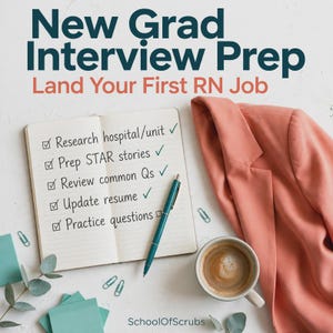 Peut inclure: Un carnet ouvert avec une liste de contrôle intitulée New Grad Interview Prep Land Your First RN Job, incluant des tâches comme Research hospital/unit. Un stylo bleu sarcelle, une tasse de café et un blazer corail sont disposés sur la surface.