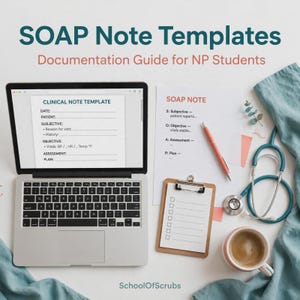 Op de afbeelding: Een laptop met een klinisch notitiesjabloon, een papieren SOAP-notitie, een klembord met een checklist, een pen en een stethoscoop. De tekst luidt SOAP Note Templates, Documentation Guide for NP Students en SchoolOfScrubs.