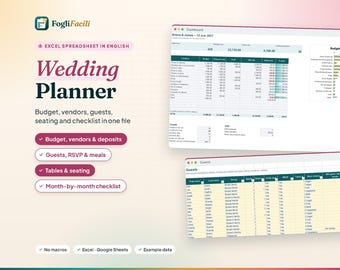 Puede incluir: Una plantilla de hoja de cálculo de Excel para planificador de bodas digital con una interfaz de panel y lista de invitados. El diseño incluye secciones para presupuesto, proveedores, invitados, asientos y una lista de verificación con datos de ejemplo.