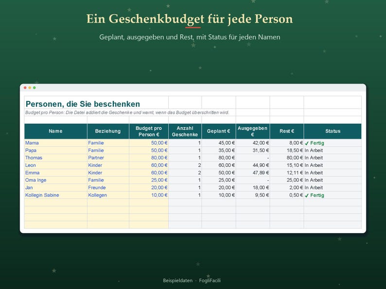 Christmas Planner Spreadsheet 2026 in German, Excel Weihnachtsplaner with Gift List, Budget and Menu image 3