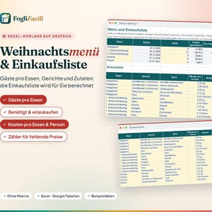 Menu świąteczne w programie Excel w języku niemieckim: liczba gości na posiłek, obliczona lista zakupów i koszt każdego posiłku od Wigilii do Sylwestra. zdjęcie 1