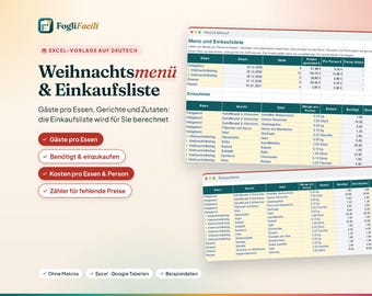 Menú navideño en Excel (en alemán): número de comensales por comida, lista de la compra calculada y coste de cada comida, desde Nochebuena hasta Nochevieja.