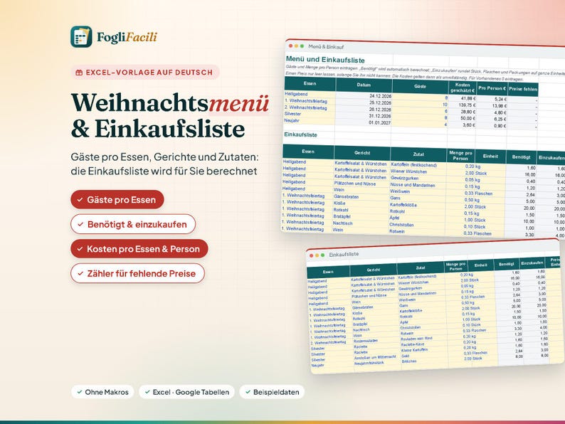 Menu świąteczne w programie Excel w języku niemieckim: liczba gości na posiłek, obliczona lista zakupów i koszt każdego posiłku od Wigilii do Sylwestra. zdjęcie 1