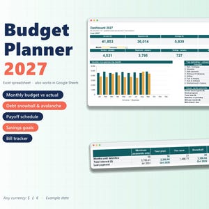 Budget Spreadsheet 2027 for Excel: Monthly Planner, Debt Snowball, Savings Goals and Bill Tracker image 1