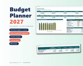 Budget Spreadsheet 2027 for Excel: Monthly Planner, Debt Snowball, Savings Goals and Bill Tracker
