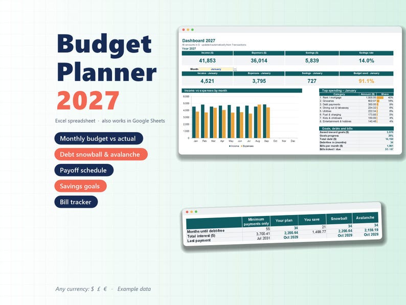 Budget Spreadsheet 2027 for Excel: Monthly Planner, Debt Snowball, Savings Goals and Bill Tracker image 1