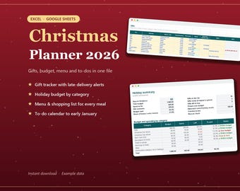 Christmas Planner Spreadsheet 2026 Excel with Gift Tracker, Holiday Budget, Menu and Shopping List