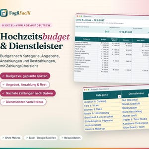 Presupuesto de boda en Excel en alemán: gastos por categoría, estimaciones, depósitos y saldos de proveedores, pagos pendientes. imagen 1