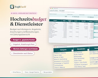 Presupuesto de boda en Excel en alemán: gastos por categoría, estimaciones, depósitos y saldos de proveedores, pagos pendientes.