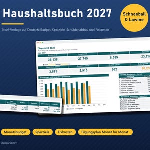 Haushaltsbuch 2027 Excel in German, Budget Spreadsheet with Savings Goals, Debt Payoff and Bills image 1