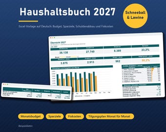Haushaltsbuch 2027 Excel in German, Budget Spreadsheet with Savings Goals, Debt Payoff and Bills