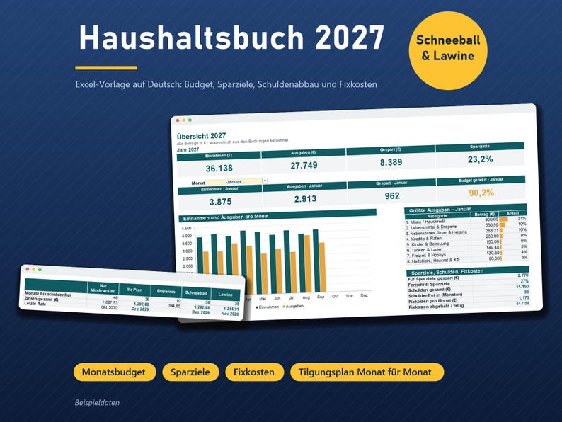 Haushaltsbuch 2027 Excel in German, Budget Spreadsheet with Savings Goals, Debt Payoff and Bills image 1