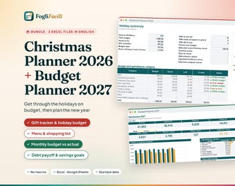 Christmas Planner 2026 + Budget Planner 2027 Excel Bundle: Gift Tracker, Holiday Budget, Debt Snowball, Savings Goals