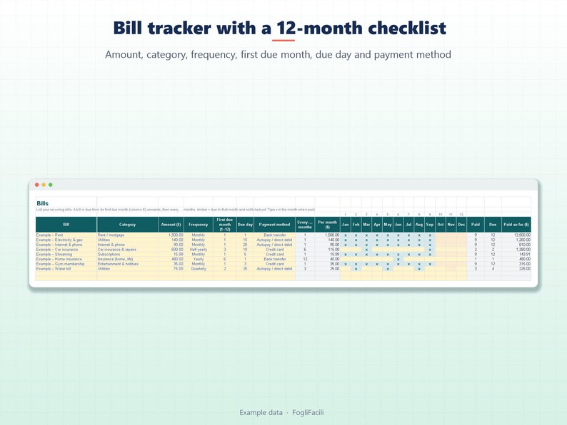 Rastreador de facturas para Excel: fechas de vencimiento, frecuencia mensual o anual y lista de verificación de 12 meses. imagen 2