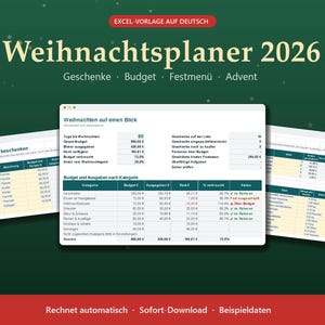 Christmas Planner Spreadsheet 2026 in German, Excel Weihnachtsplaner with Gift List, Budget and Menu image 1