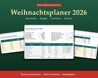 Christmas Planner Spreadsheet 2026 in German, Excel Weihnachtsplaner with Gift List, Budget and Menu