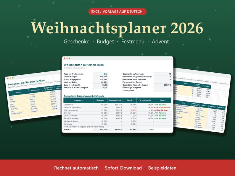Christmas Planner Spreadsheet 2026 in German, Excel Weihnachtsplaner with Gift List, Budget and Menu image 1