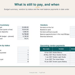 Puede incluir: Un panel digital de resumen presupuestario titulado What is still to pay, and when. Muestra tablas con el resumen del presupuesto, el estado de los proveedores y los pr&oacute;ximos pagos con fechas, nombres y montos espec&iacute;ficos.