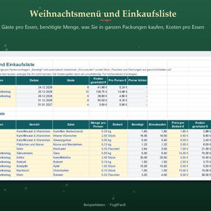 Menu świąteczne w programie Excel w języku niemieckim: liczba gości na posiłek, obliczona lista zakupów i koszt każdego posiłku od Wigilii do Sylwestra. zdjęcie 2